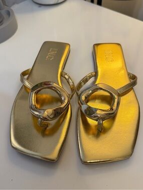INC International Concepts Gold Metallic Toe-Ring Slide Sandals